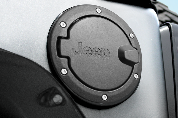 MOPAR Aluminum Fuel Door Housing in Textured Black with Jeep Logo for 07-18  Jeep Wrangler JK & JK Unlimited