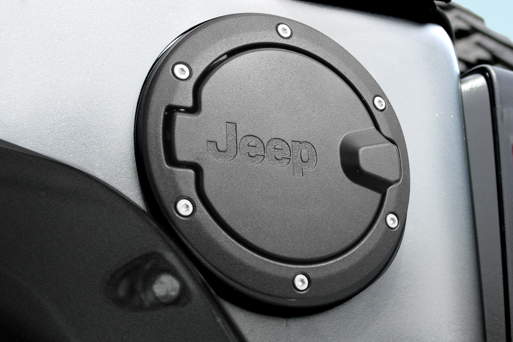 MOPAR Aluminum Fuel Door Housing in Textured Black with Jeep Logo for 07-18 Jeep Wrangler JK & JK Unlimited